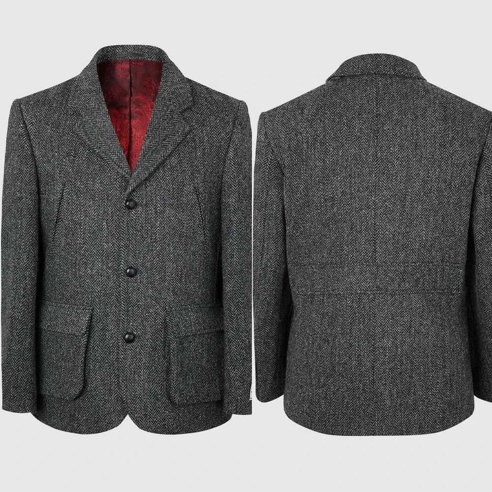 Classic Dark Grey Herringbone Tweed Blazer with Patch Pockets and Contrast Red Lining Men Autumn  Suit Jacket Customized M266611