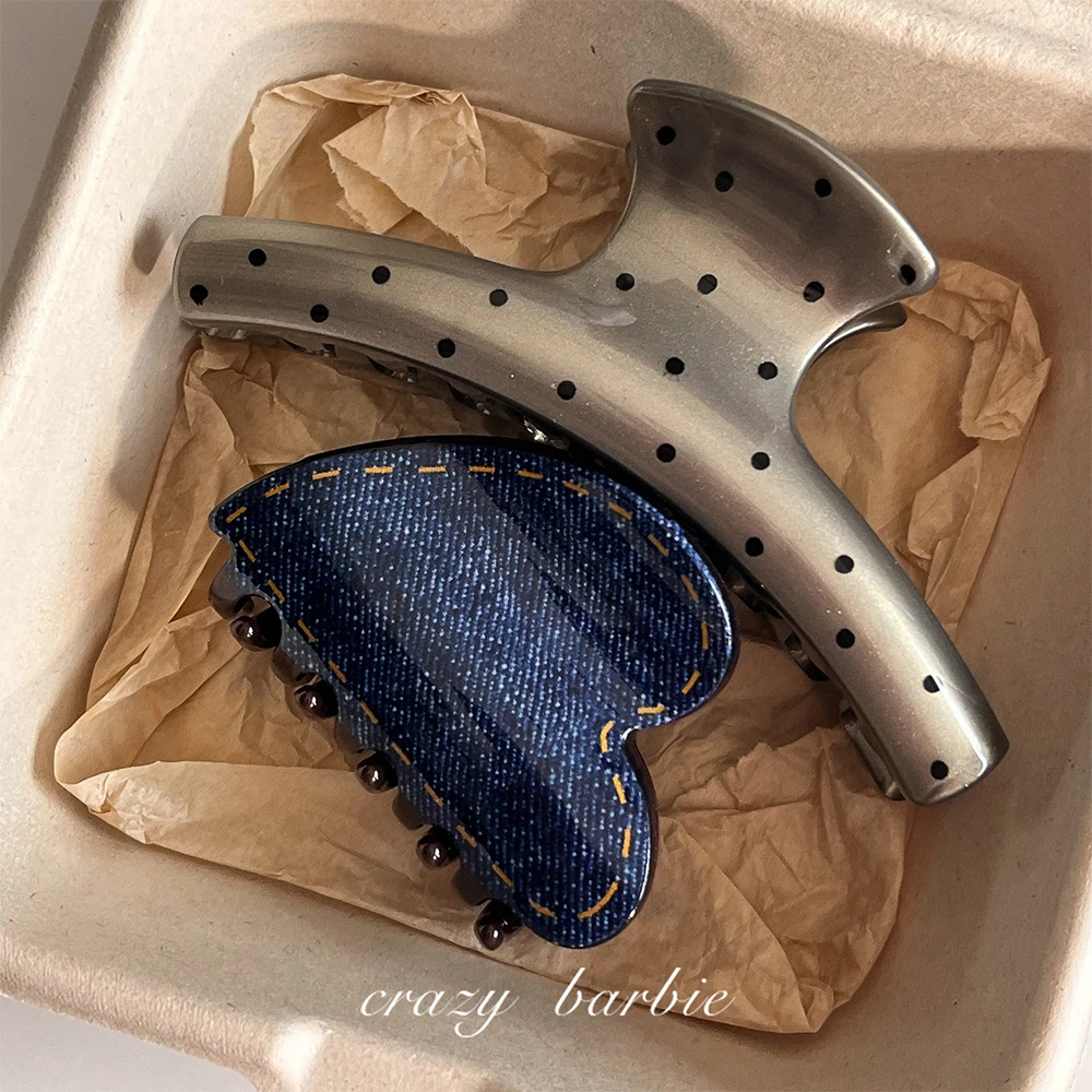 Retro denim textured heart-shaped silver polka dot hair clip with shark spring pattern, a women's everyday hair accessory. - view 6