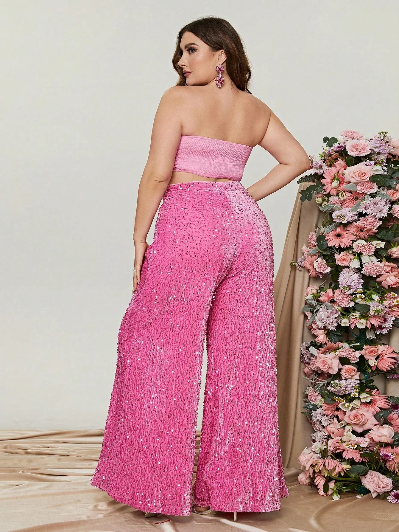 Plus Size Tube Top 3D Flower and Sequin Party Suit