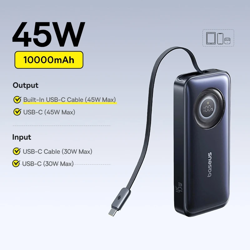 Baseus 65W Powerbank 20000mAh Snelladen met ingebouwde intrekbare Type-C kabel voor laptops, iPhone 17, 16, 15 Pro Max, Samsung - afbeelding 1