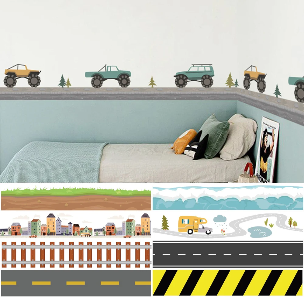 Car Road Peel and Stick Waterproof Wallpaper Border Molding Trim For Kids Room Self-Adhesive Skirting Line Waistline Home Decor