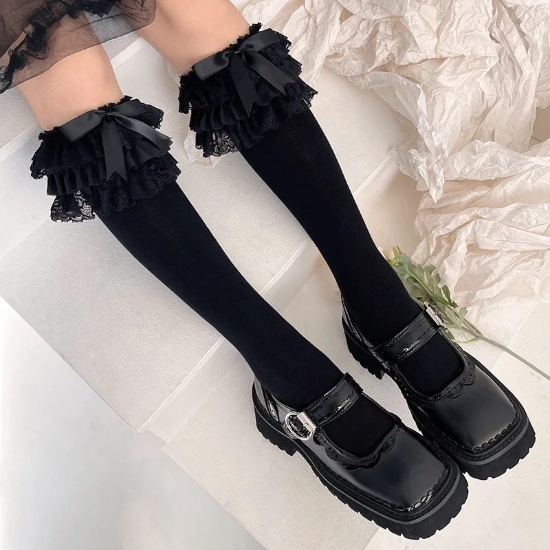 JK Lolita Women Stockings Y2k Girls Ruffle Long Socks Stockings Japanese Style Kawaii Bowknot Cute Lacework Knee Socks Stockings