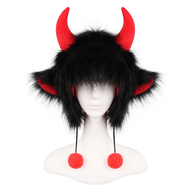 

Halloween Fun Dress Up Big Black Bull Lei Feng Hat Bull Horn Hat Winter Warm Ear Protection Bull Demon King Hat