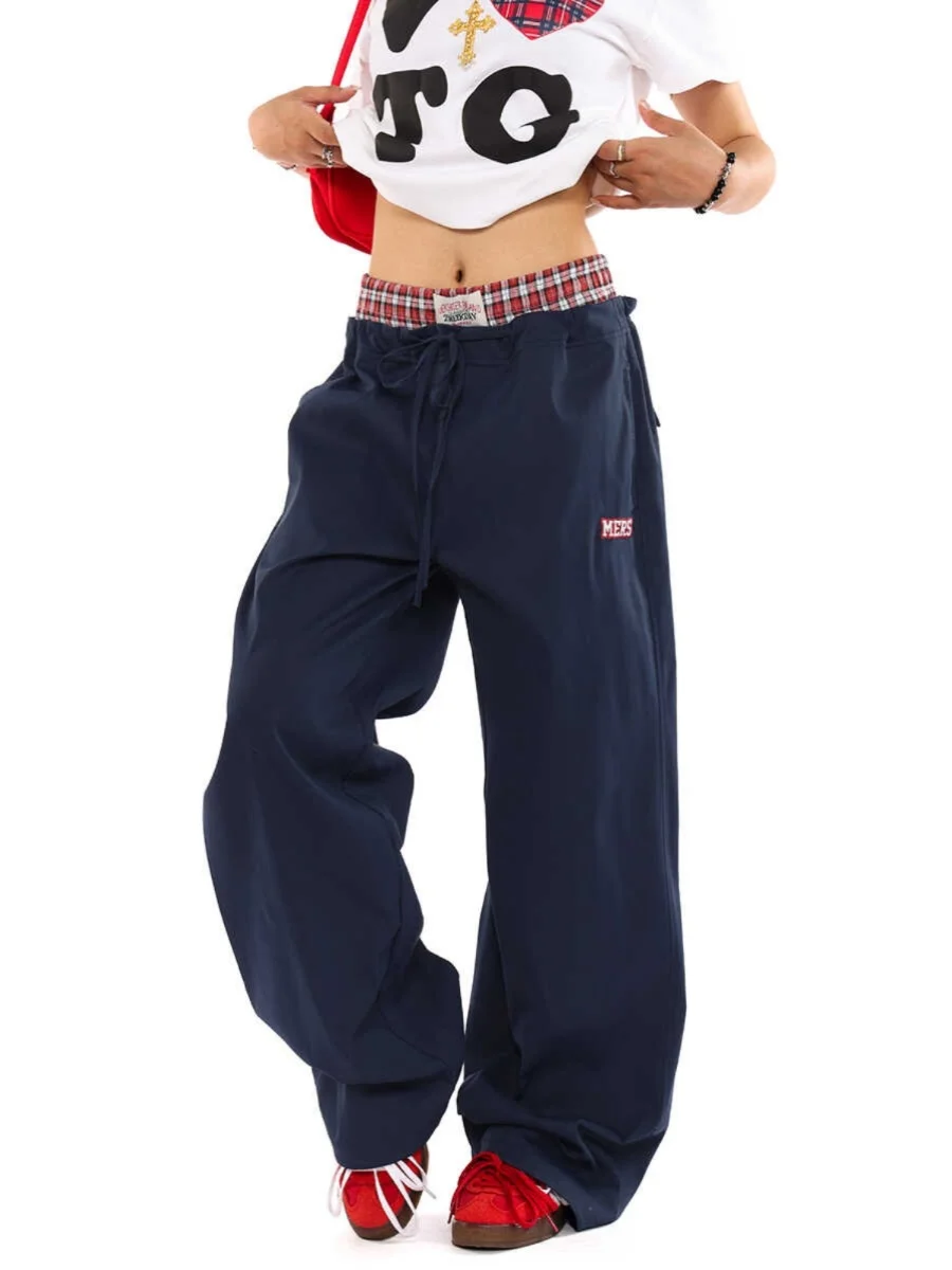 Américain rétro Plaid épissage faux deux pièces pantalons décontractés hommes et femmes rue Hip Hop sport ample Double taille jambe large...