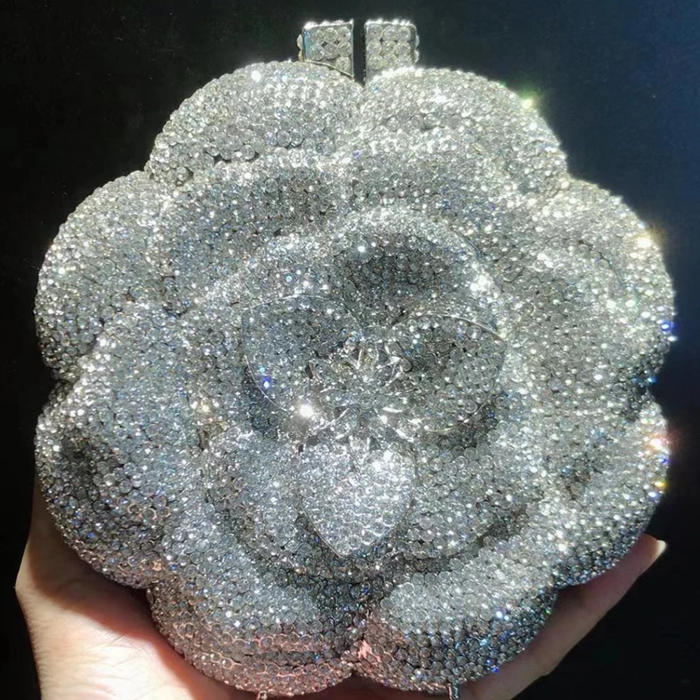 13 Colors Silver Metal Flower Evening Clutch Wedding Purse Luxury Diamond Purse Female Floral Shape Bridal Shoulder Handbags