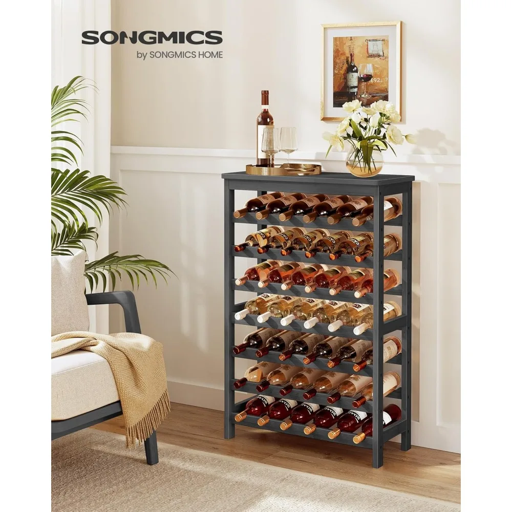 ชั้นวางไวน์ไม้ไผ่ 7 ชั้น จุได้ 42 ขวด ดีไซน์ไม่โยกเยก พร้อมท็อปโต๊ะสำหรับห้องครัว บาร์ ห้องนั่งเล่น สีดำหมึก