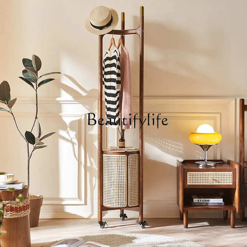 

Floor-Standing Clothes Rack Household Solid Wood Movable Rattan Coat Rack