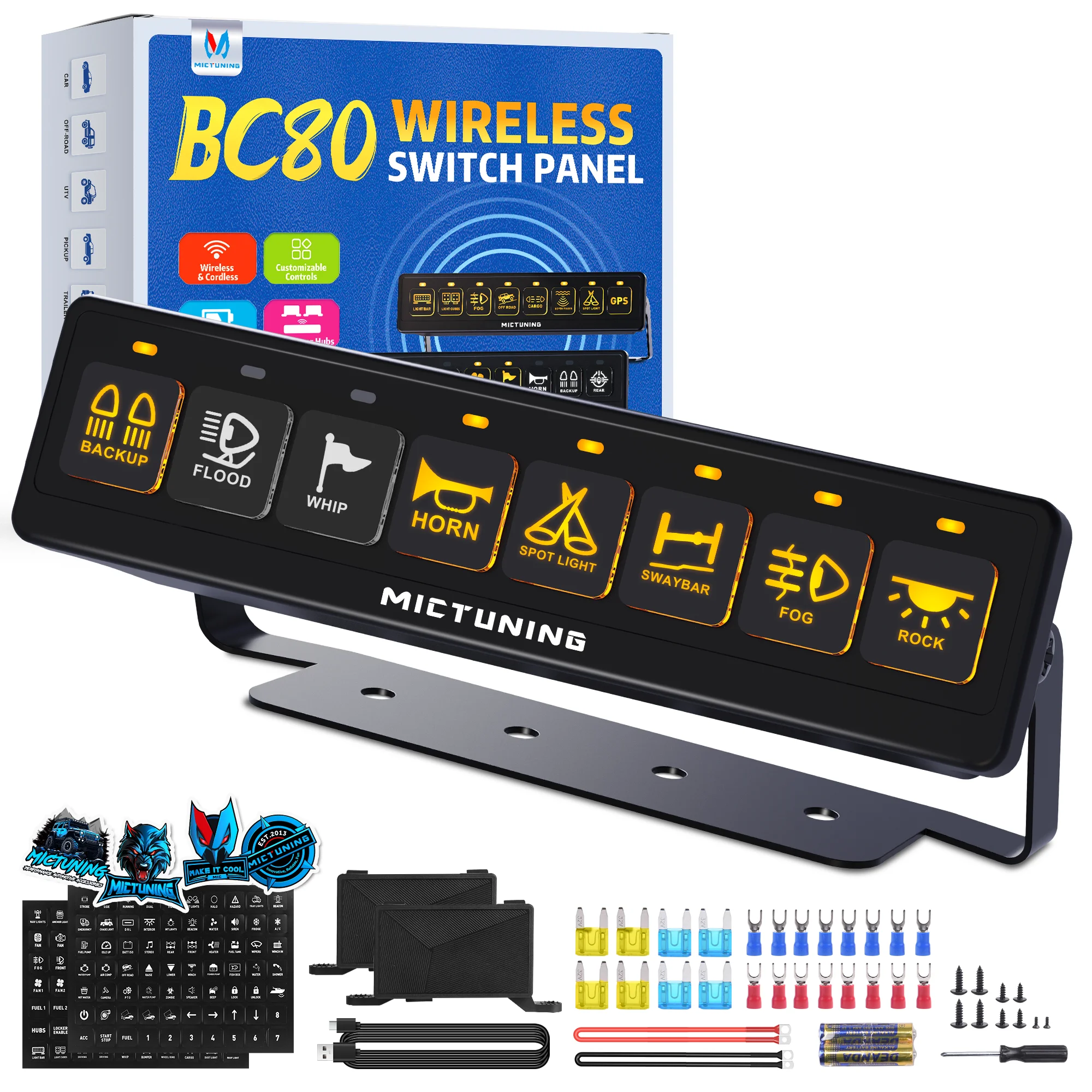 

MICTUNING BC80 Wireless Switch Panel, Dual Power Hubs, 4 Control Modes, for 12V 24V Dual Battery Vehicle Off Road Truck Marine