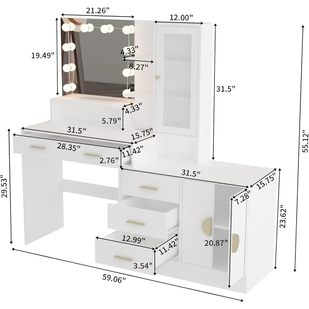 Vanity Desk with Mirror, 4 Drawers, 3 Cabinets, 10 LED Lights in 3 Lighting Modes, Charging Station, Large Makeup Vanity Desk