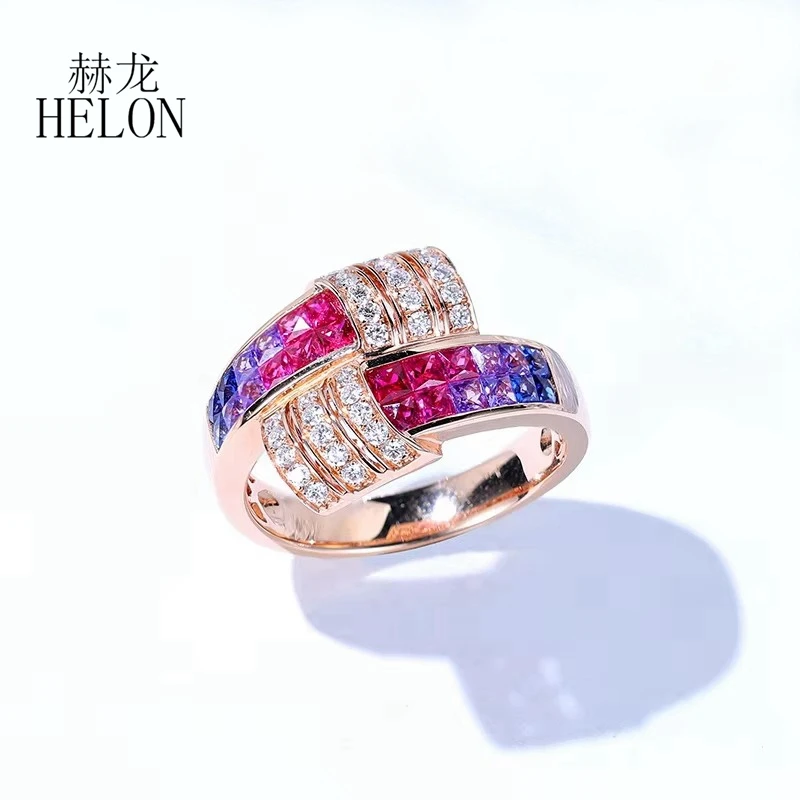 HELON Solid 14K AU585 Rose Gold 1ct Genuine Colored Gemstones Ring Eternity Real Diamond Antique Jewelry High Quality Retro Art