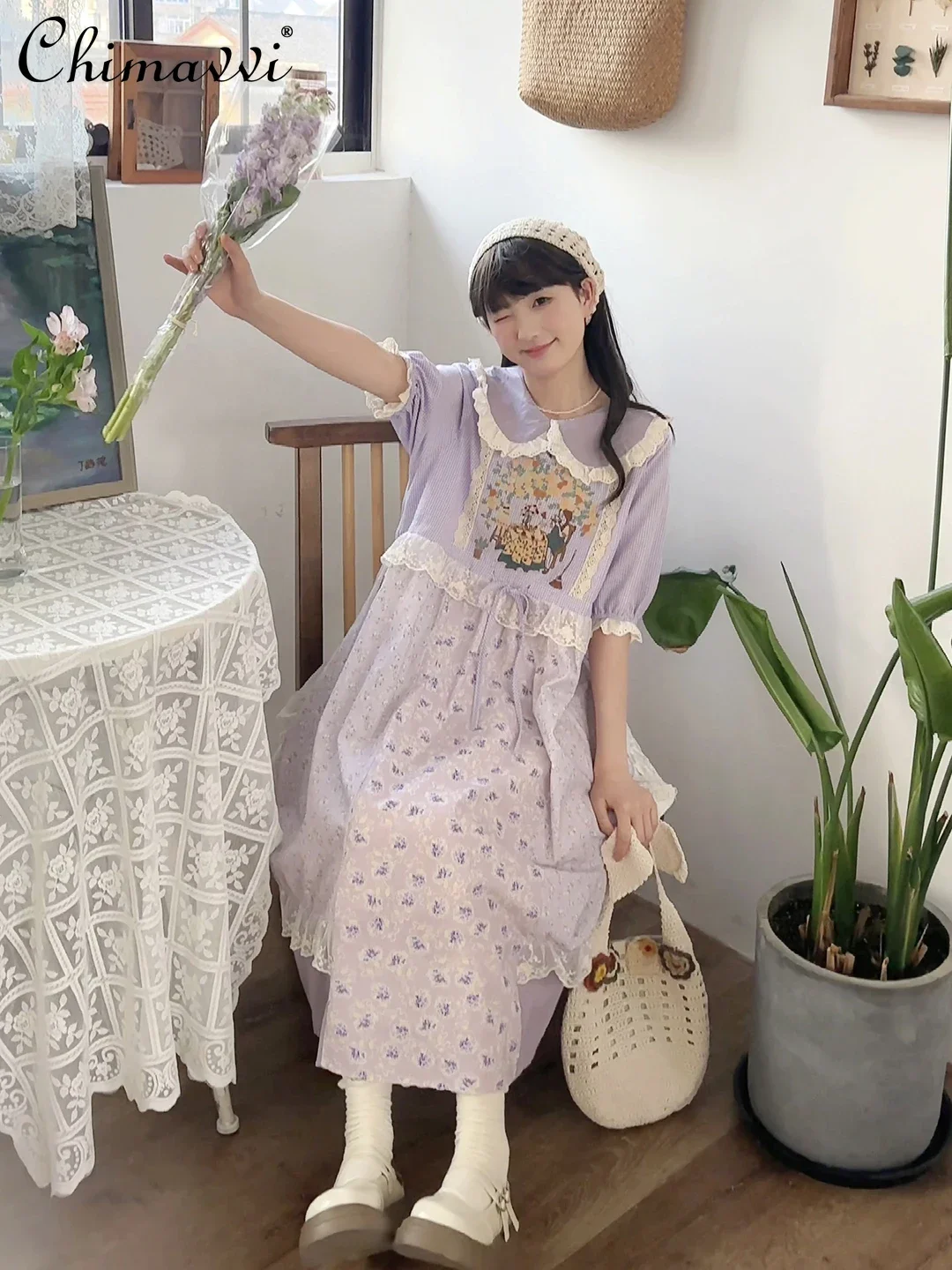 Japanese Retro Sweet Pastoral Doll Collar Embroidered Short-sleeved Floral Dress Summer New Girl Loose Long Elegant Dresses