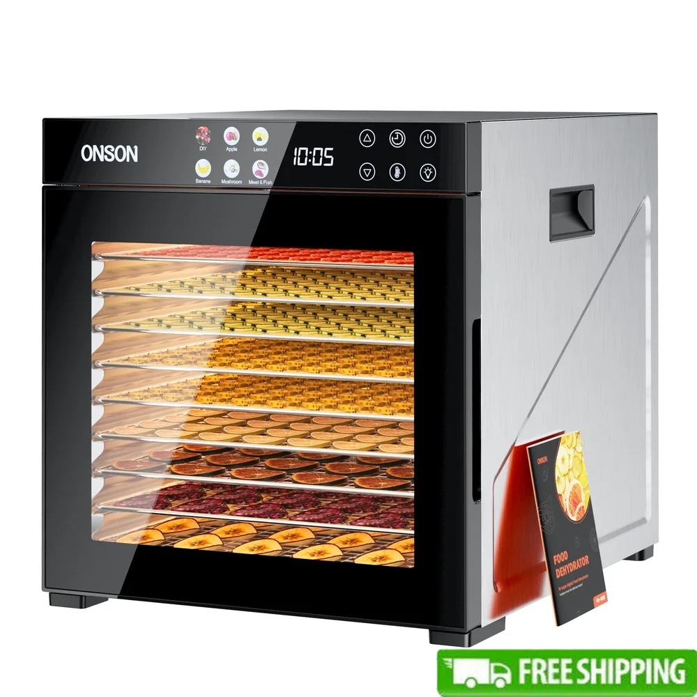 10 صينية مجفف الطعام 1000 واط عالية الطاقة الفولاذ المقاوم للصدأ مجفف رقمي قابل للتعديل درجة الحرارة الموقت متشنج الفواكه الخضروات الكلب