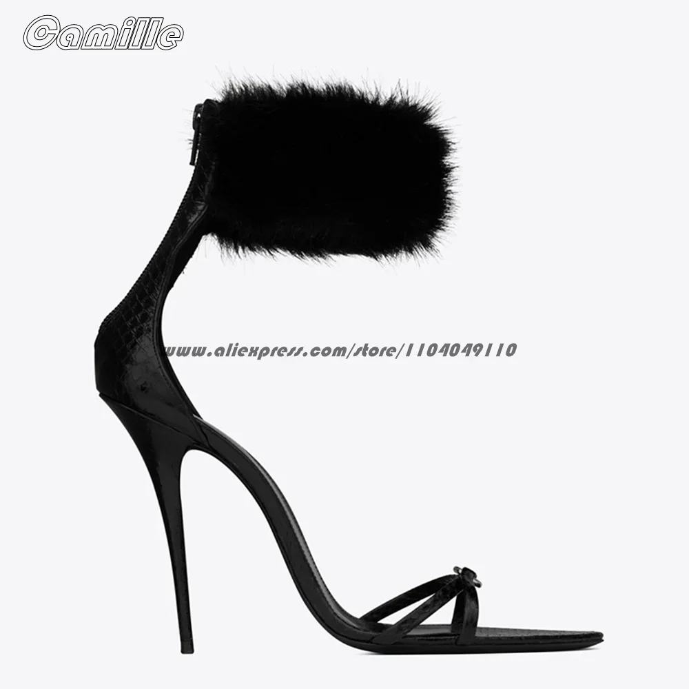 Black One Word Belt Mink Fur Ankle Strap Stiletto High Heels Open Toe 9.5CM Heel Luxury Party Sandals Side Empty Sexy Lady Shoes