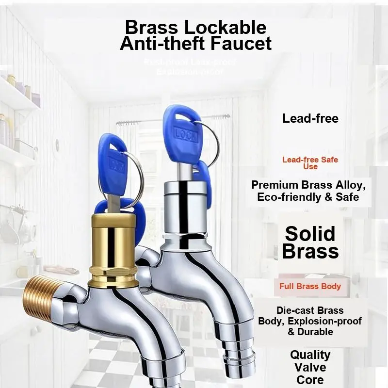 Refined Copper 4 Points Single Cold with Lock Faucet Outdoor Mop Pool Washing Machine Universal Anti-theft Quick Open