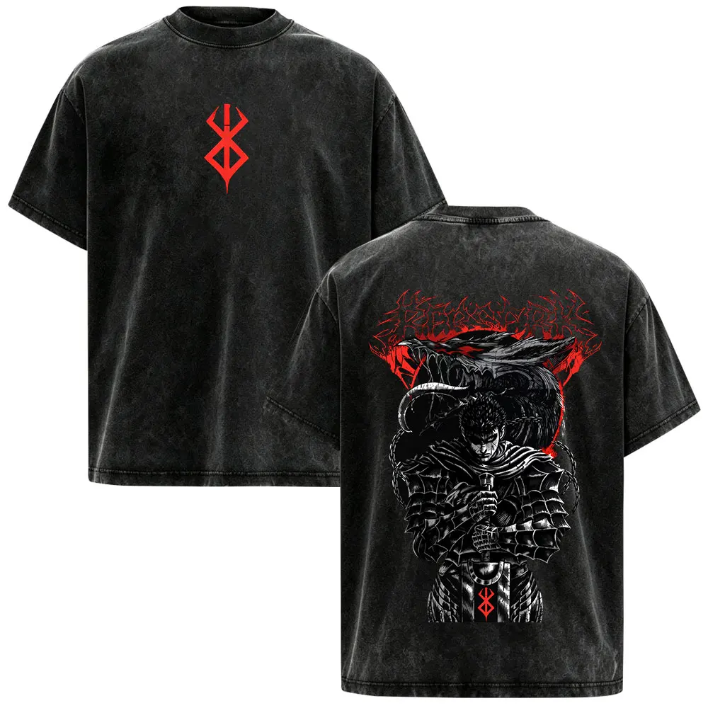 Anime Berserk Guts Griffith Vintage Washed T-shirts Men Women Cotton Casual Oversized Fashion Short Sleeve T Shirts Streetwear