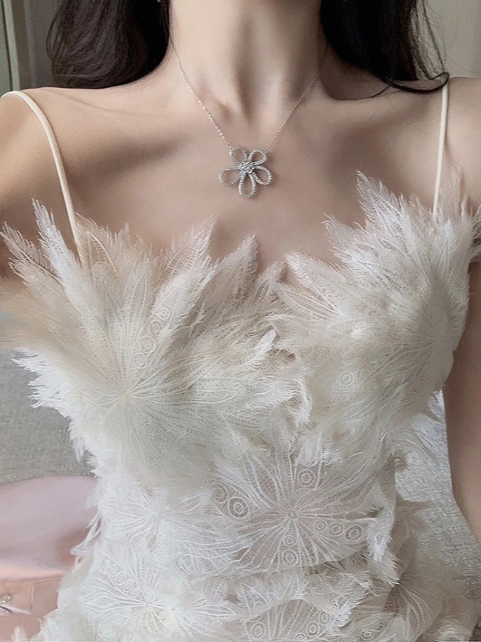 

women French white feather lace flower fairy dress shoulder-straps hollow out sexy accept waist chiffon dresses in love