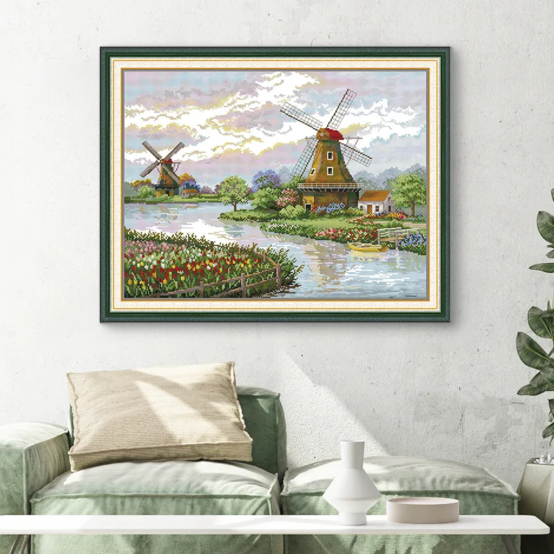 

Joy Sunday Pre-printed Cross Stitch Kit Easy Pattern Aida Stamped Fabric Embroidery Set-Dutch Windmills