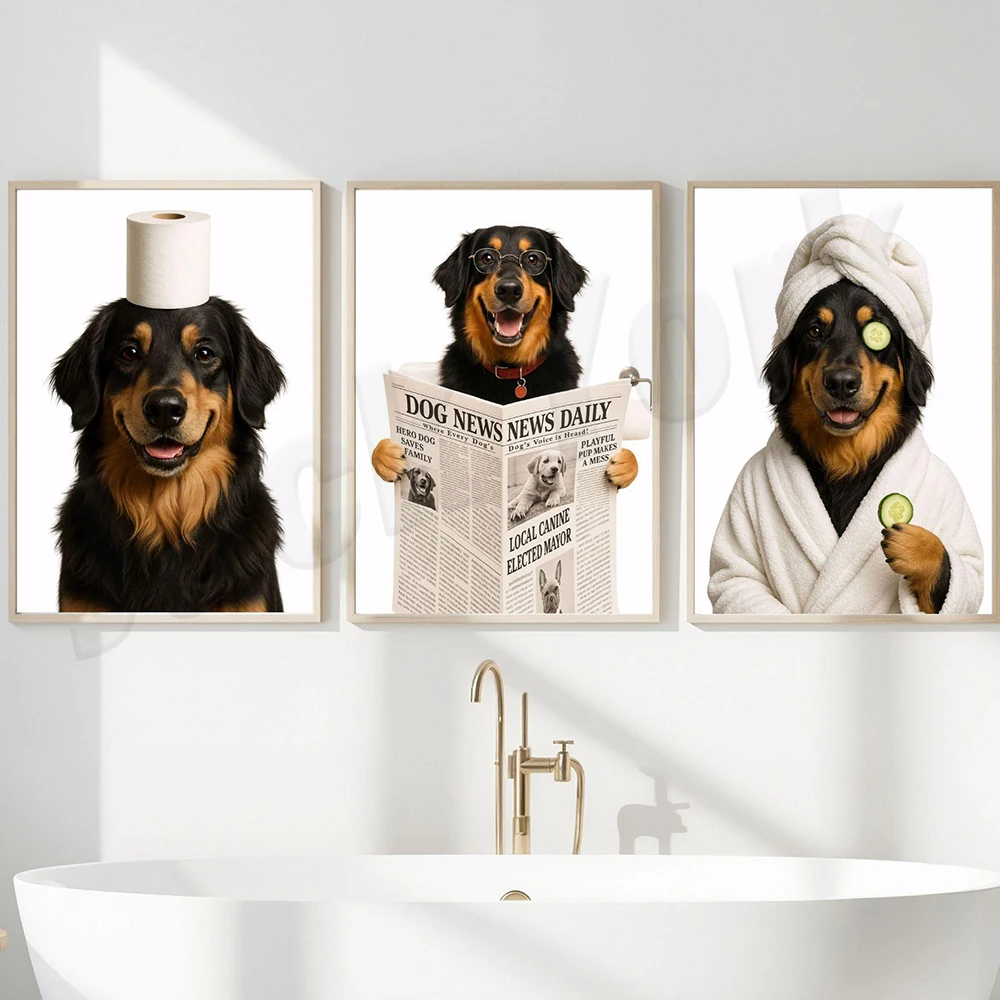 Funny Irish Terriers, Irish Setters, Horvaths, Hamilton Stowaways, and Great Danes in bathrobes reading bathroom art posters.