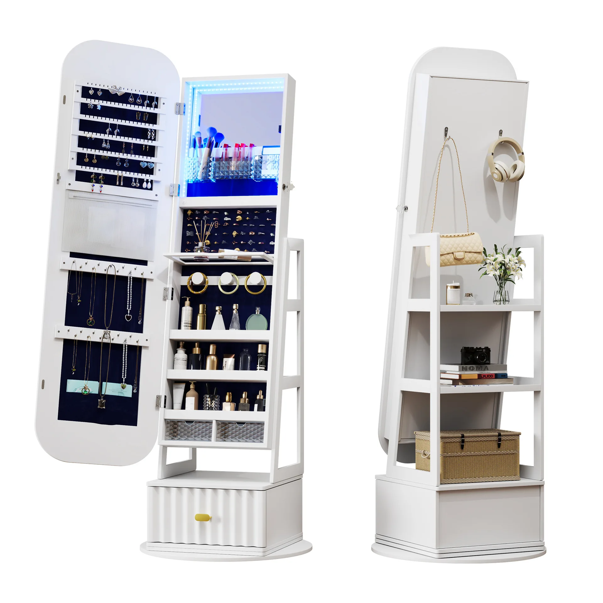 LED full-body mirror jewelry cabinet, 360 ° rotating with lock jewelry storage, vertical full-length mirror makeup mirror