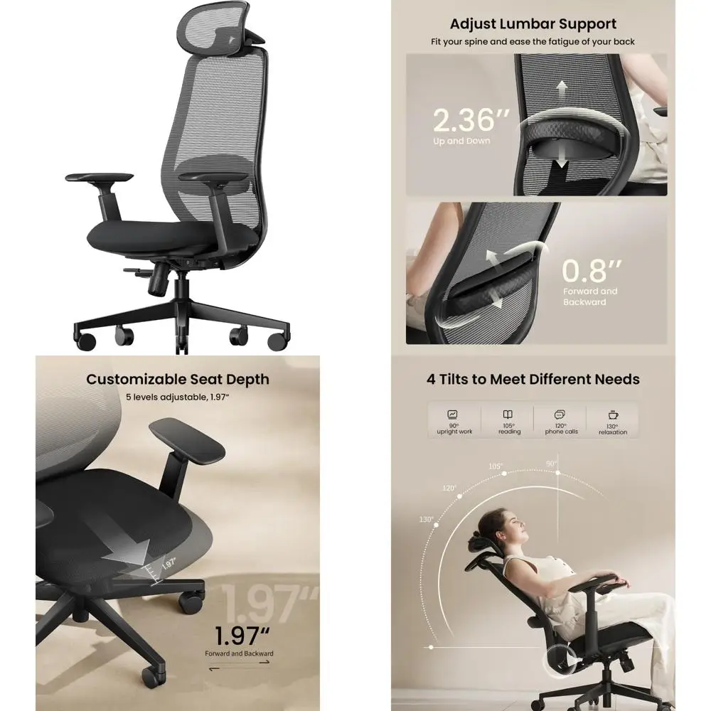 ProtoArc Ergonomic Office Chair – EC200 High-Back Mesh Computer Chair with Lumbar Support, 3D Adjustable Headrest & Sliding Seat