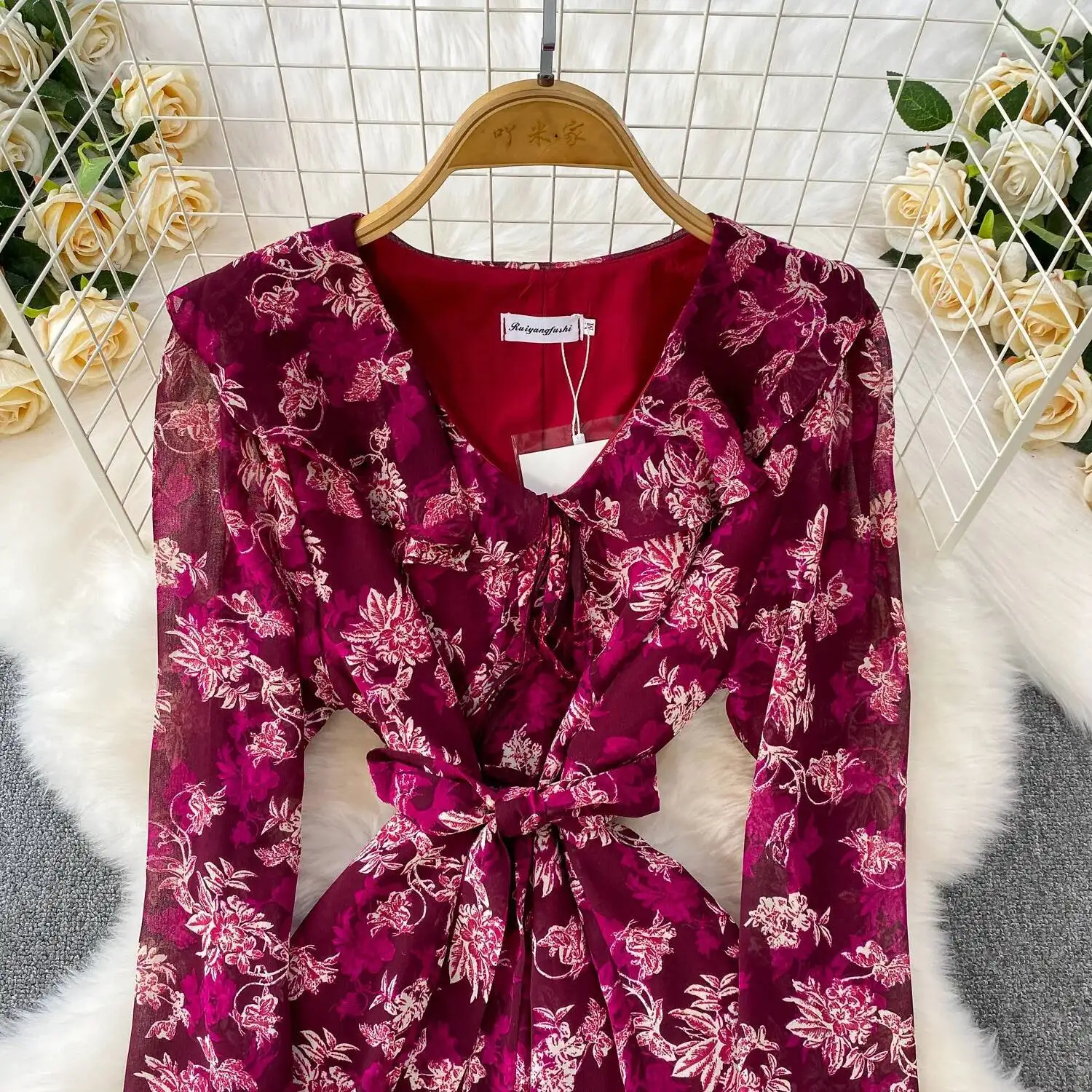 Abito floreale da donna con foglia di loto Primavera Autunno Abiti sexy con scollo a V a maniche lunghe con stampa Abiti lunghi casual in chiffon da donna