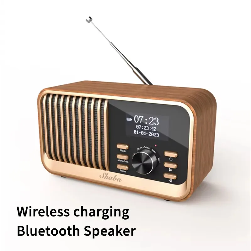 SHABA NEW Retro Wooden Wireless Charger Bluetooth Speaker High Quality FM Radio Wood Desktop Clock Alarm Speakers Support TF/USB