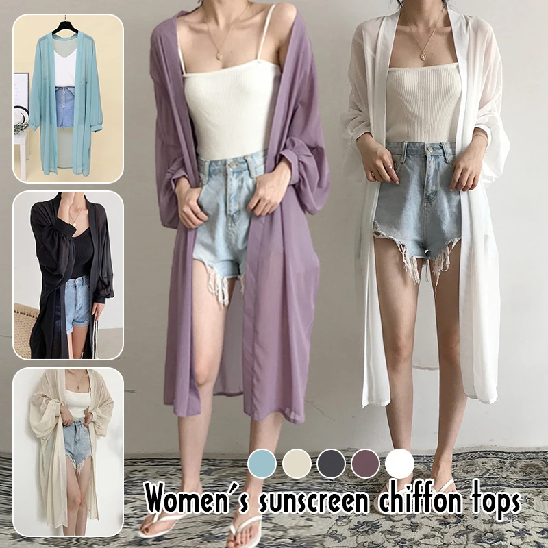 

Solid Color Women Summer Sun-Proof Cardigan Lady Chiffon Shawl Shrug Casual Loose Thin Coat Elegant Holiday Minimalist Cardigan