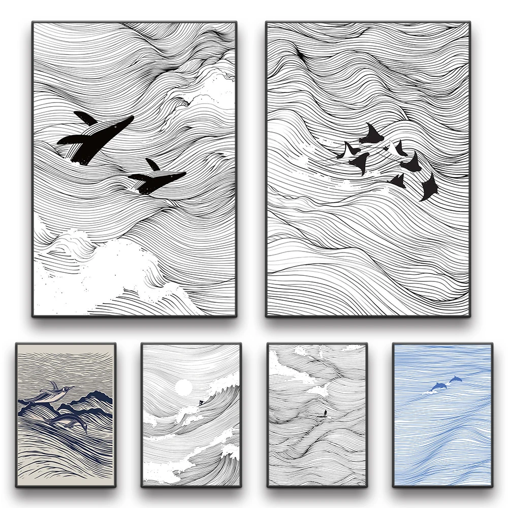 Wellen-Linienkunst-Bilder, Surfender Pinguin, Mantarochen, Delfin, Wal, Drucke auf Leinwand, Gemälde für Wohnzimmer-Dekoration