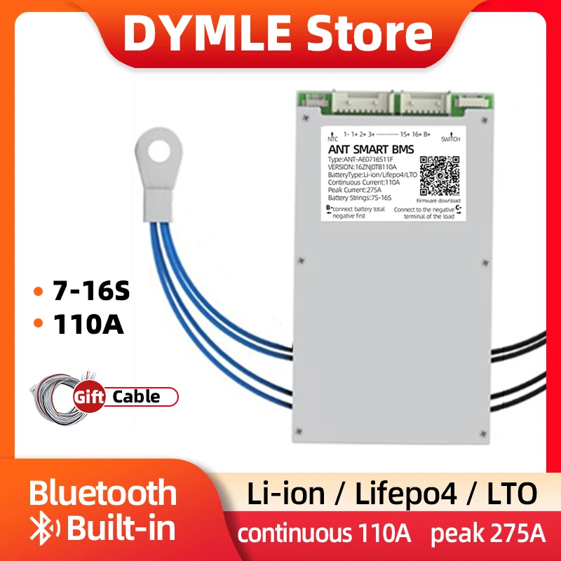 ANT Smart BMS 7-16S Li-ion Lifepo4 Lto Battery 24V 36V 48V Continuous 110A peak 275A Smart Balance Board BT Built-in 9S 11S 16S