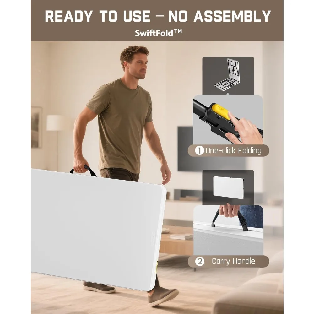 Heavy Duty 8ft Folding Table with Six Legs, 500 lbs Capacity, Plastic Fold-in-Half Table for Indoor Outdoor Use