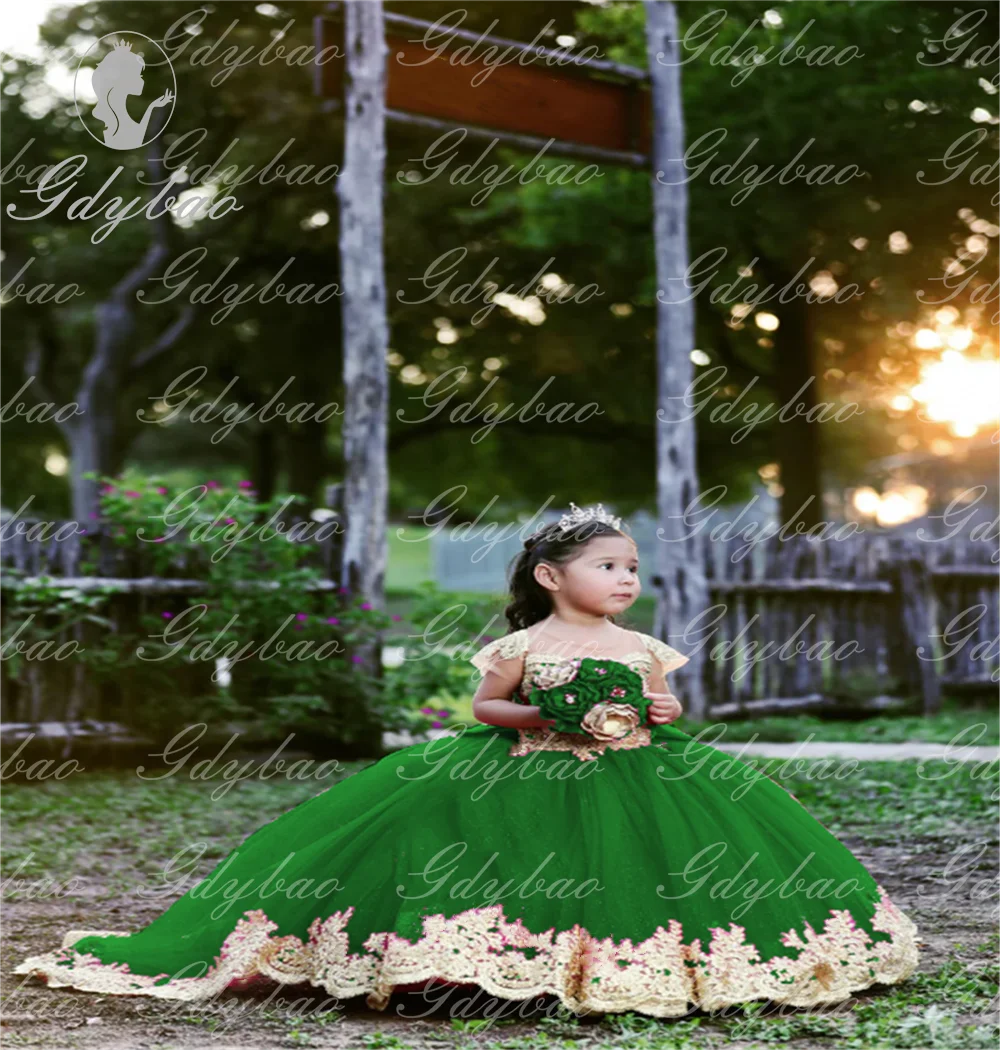 Vestidos de menina de flor de concurso de apliques de renda dourada para casamento mangas completas apliques de renda princesa vestido de primeira comunhão para crianças