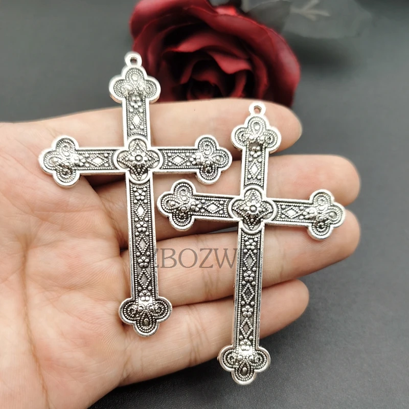 5pcs 80*54mm Silver Plated Large Christian Flower Cross Vintage Necklace Metal Accessories DIY Charm Jewelry Crafts Making