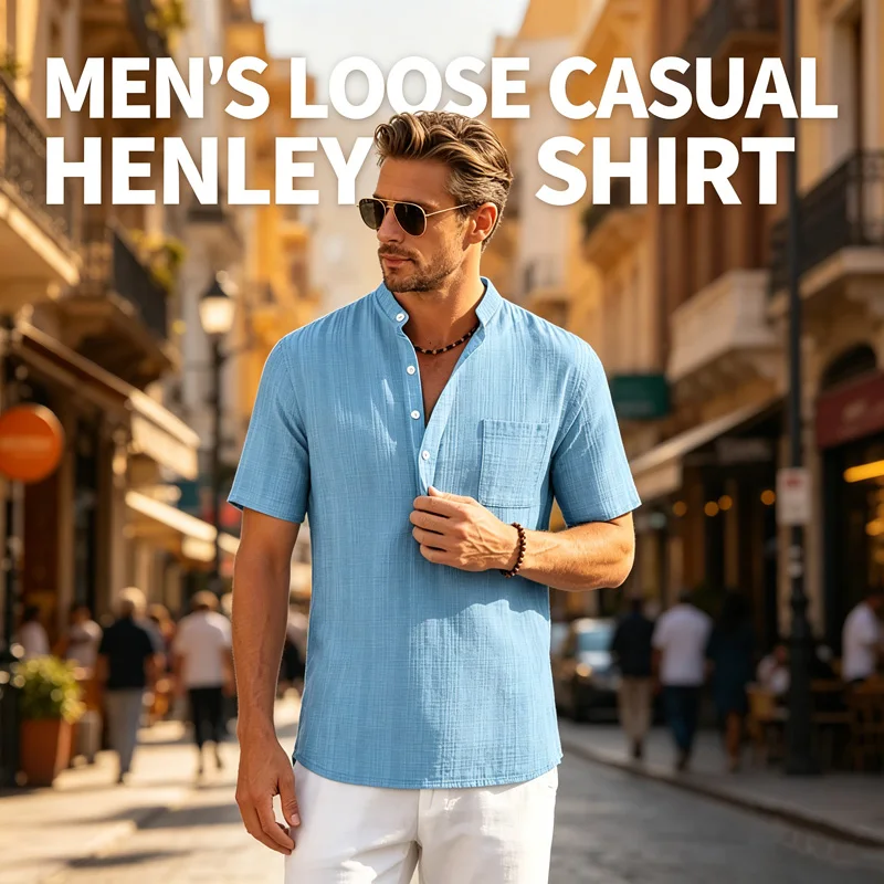 Men Mandarin Collar Textured Imitation Linen Short Sleeve Henry Shirt Chest Pocket Breathable Beach Travel Vacation Casual Top