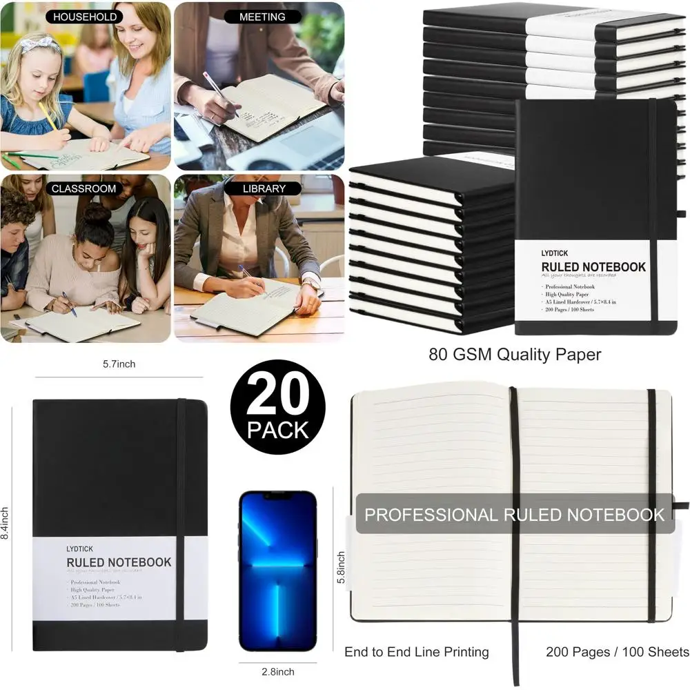 Pacote de 20 cadernos universitários listrados com capa dura em massa, 200 páginas, 5,7x8,4, ideais para tomar notas e diário de bala