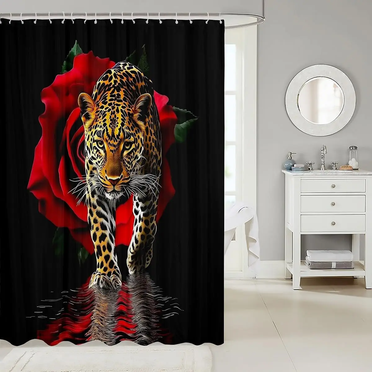 Waterproof Leopard Print Rose Shower Curtain Liner for Bathroom Jungle Decor Exotic Animal Pattern Curtain Set Wild Life Tropica