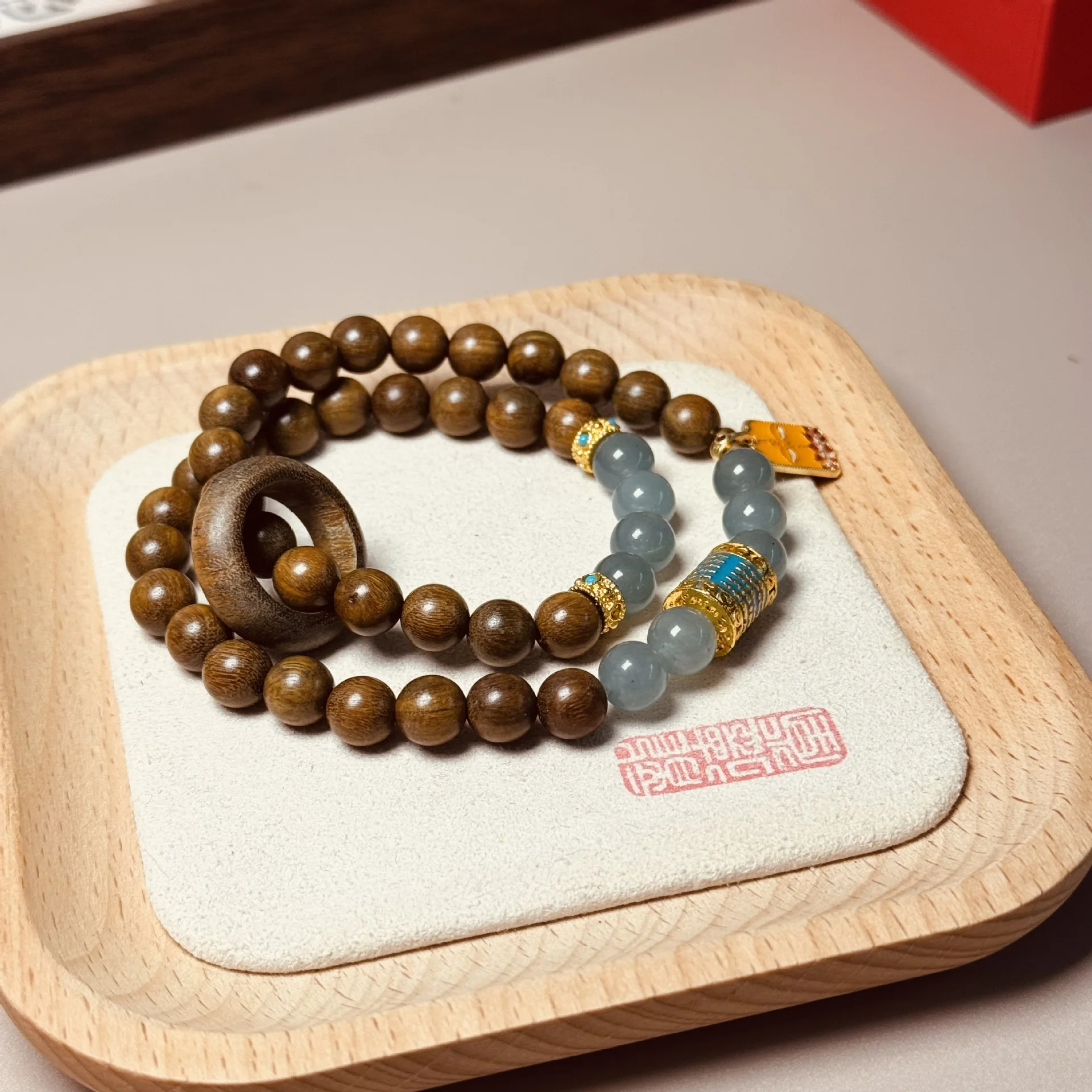 Double Loop Sandalwood Prayer Bead Bracelet with Enamel Five Sutras Running Ring Gifts