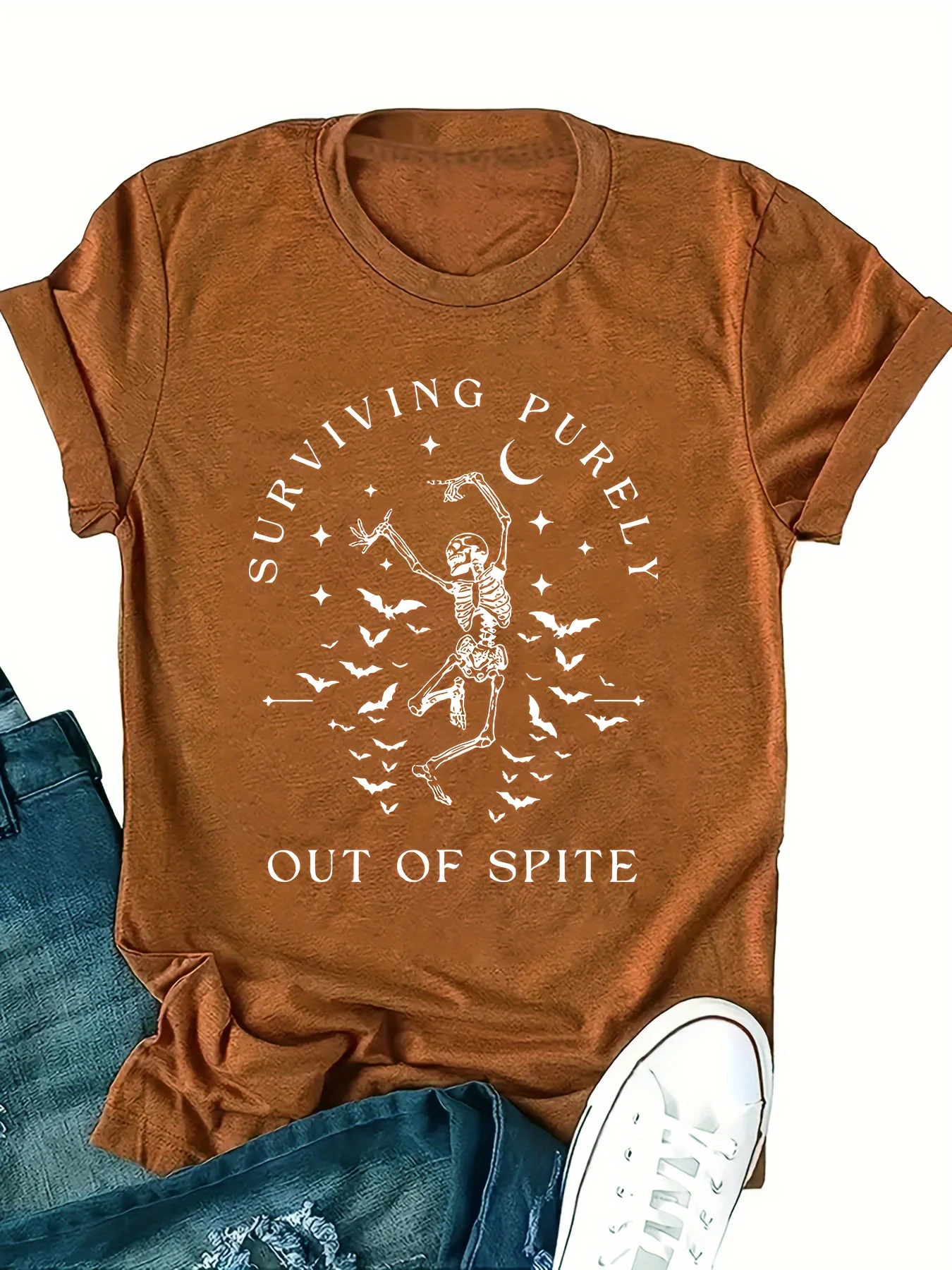 Surviving Purely Out of Spite Skeleton Women's Tee - Casual Brown Graphic Top