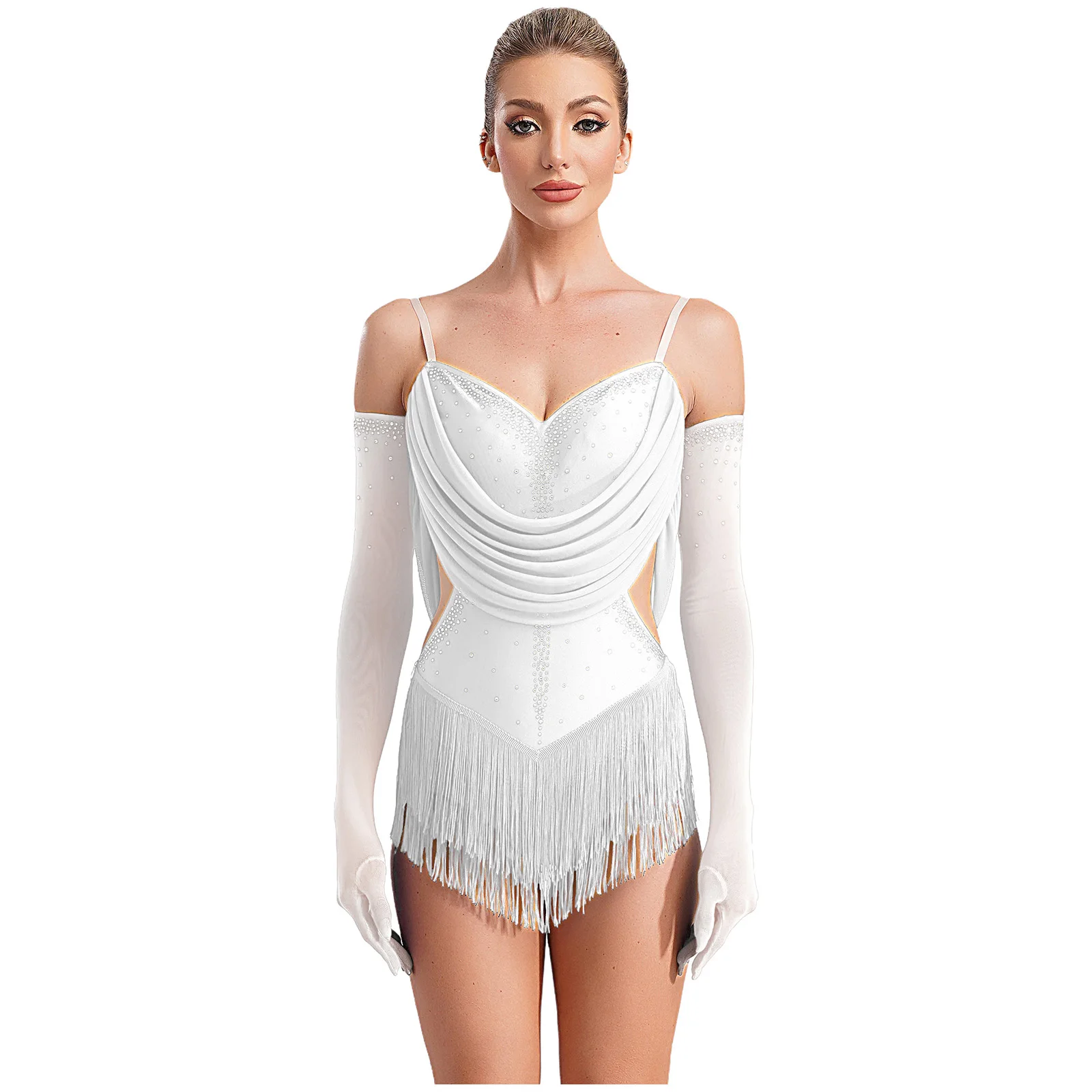 

Women Latin Dance Performance Outfits Mesh Drapes Tassel Latin Dance Leotard Glittery Rhinestones Fringed Bodysuit with Gloves