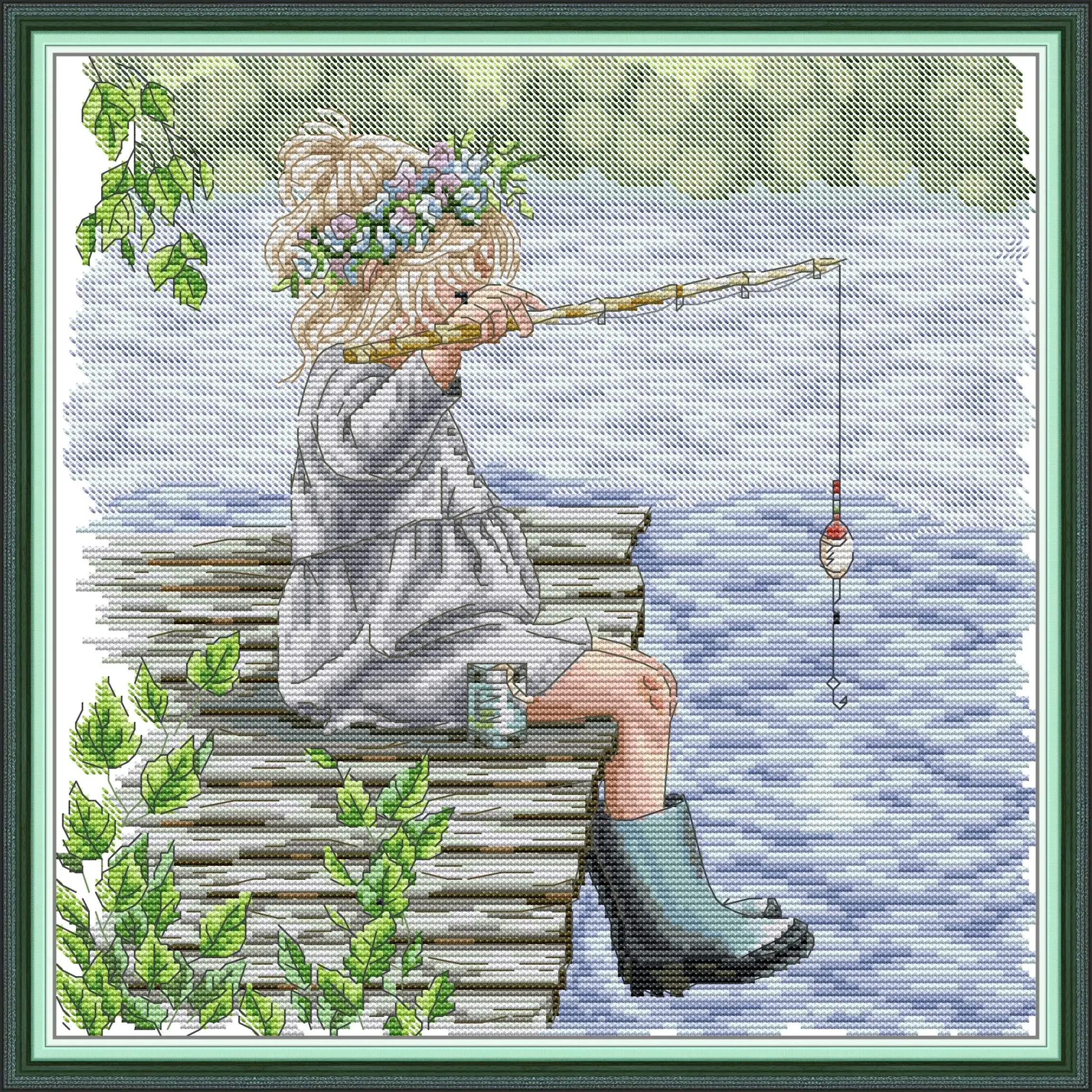 

Joy Sunday-Pre-printed Cross Stitch Kit, DIY Easy Pattern, Aida 14, 11CT Stamped Fabric Embroidery Set, Little Girl Fishing