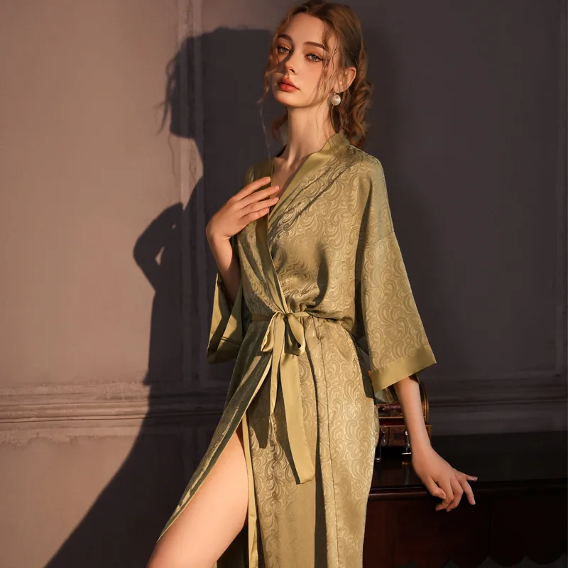 Luxury Jacquard Satin Long Robe Nightgown Women Sexy Ice Silk Robe Female Summer Fall Comfortable Lounge Wear Bathrobe Ladies