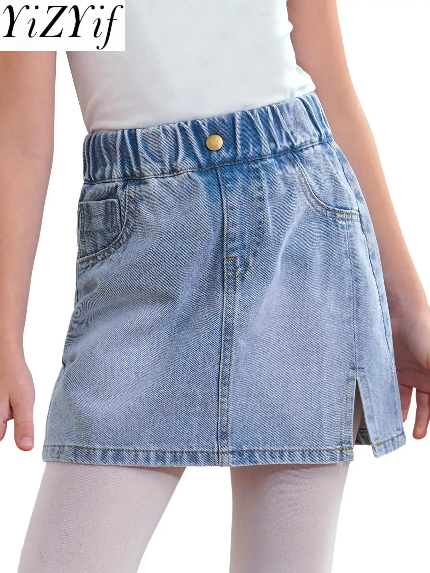 Kids Girl's Casual A-Line Denim Skort Elastic High Waist Mini Jean Skirt with Side Split Casual Children Denim Jean Skirt