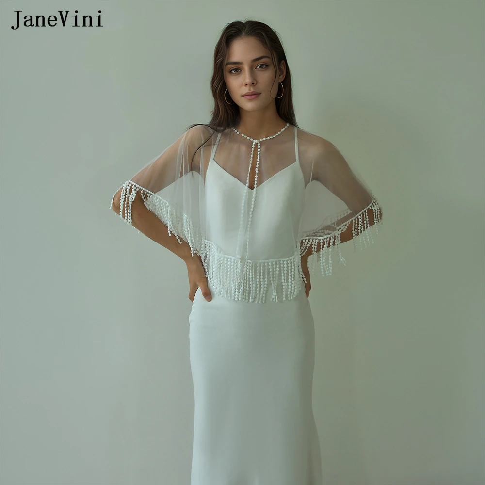 Janevini Nieuwe Mode Vrouwen Tule Jas Bolero Witte Bruidsmantel Kwastjes Zomer Bruiloft Cape Vrouwelijk Avondfeest Sjaals Wraps