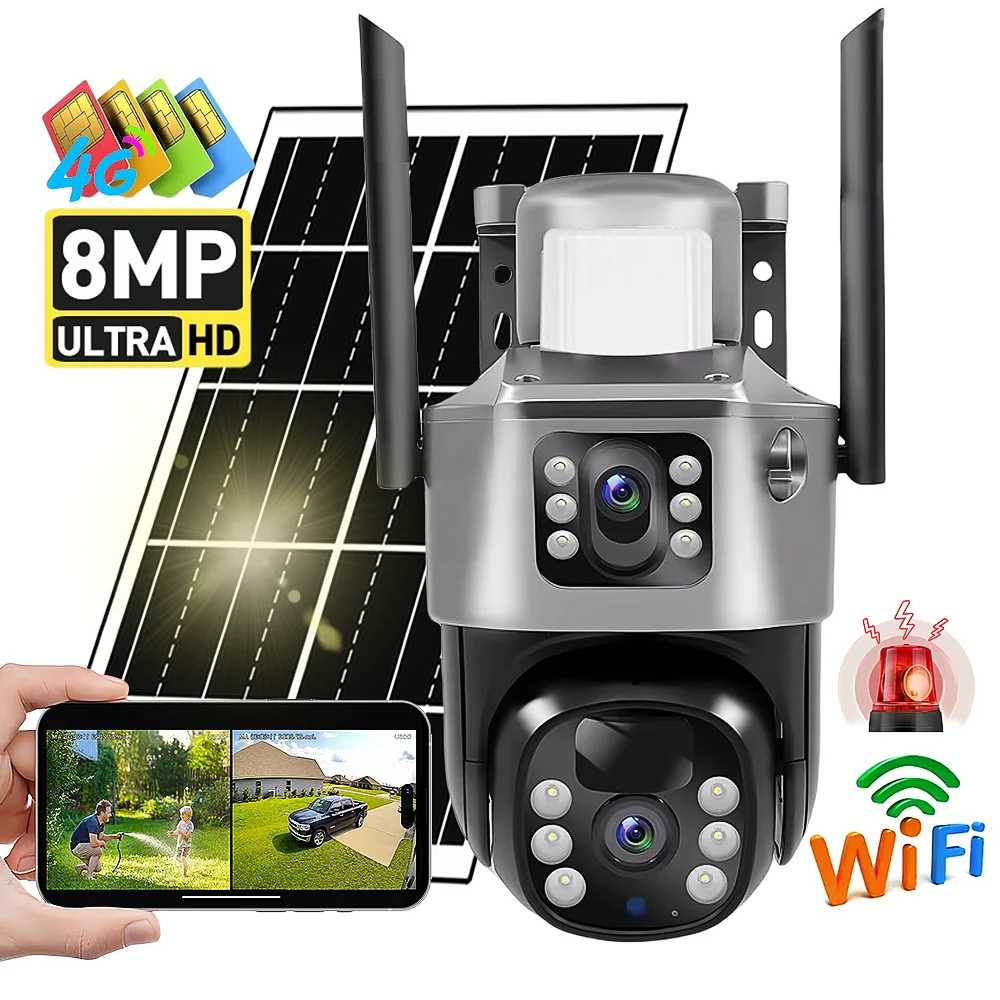 4G SIM Solar Camera for Smart Home 8MP 4K Wireless Surveillance Camera WiFi Night Vision & People Detection Auto Tracking CCTV