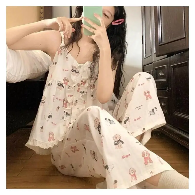 

Женский пижамный комплект: модная домашняя одежда, пижама из двух предметов, мягкий хлопок, весенний милый комплект с собачкой, майка и брюки с высокой талией и широкими штанинами