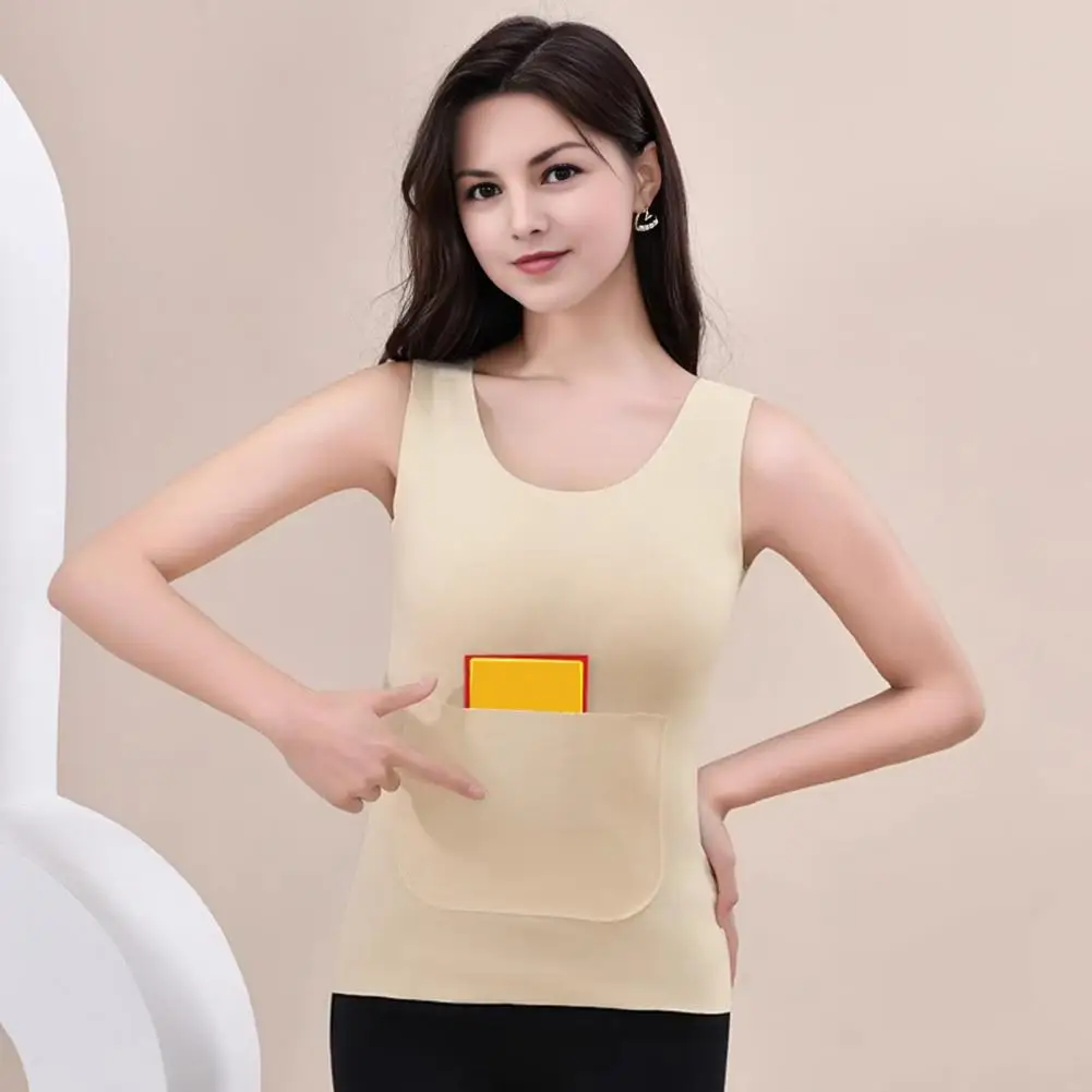 

Velvet Vest Cozy Women's Thermal Tank Tops with Front Back Pockets for Winter Slim Fit V Neck Vest with Plush Lining for Autumn