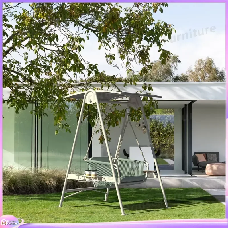 Double Hanging Swing Chair Garden Furniture Modern Rope Woven Aluminum Frame Patio Outdoor Porch Balcony Hammock Seat