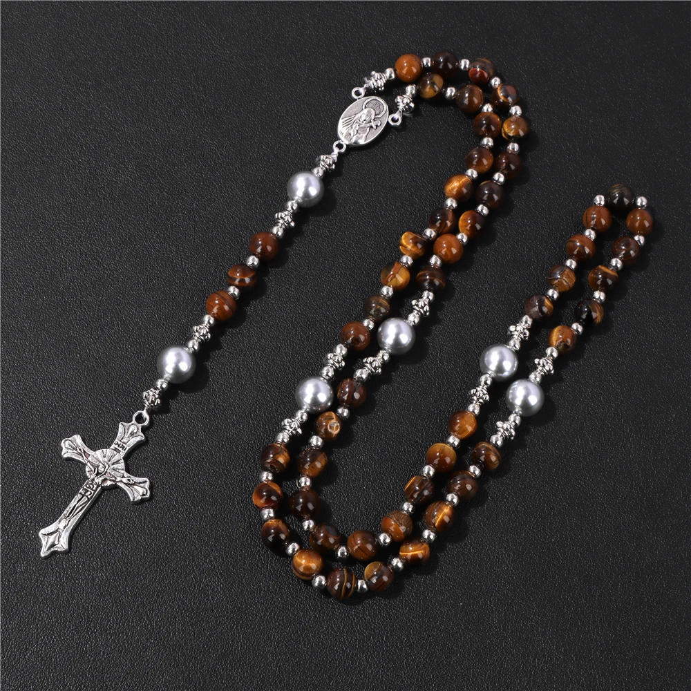 

6mm Tiger Eye Rosary Beads Necklace For Women Men Catholic Jesus Christ Virgin Mary Pendant Knotted Long Chain Religious Jewelry