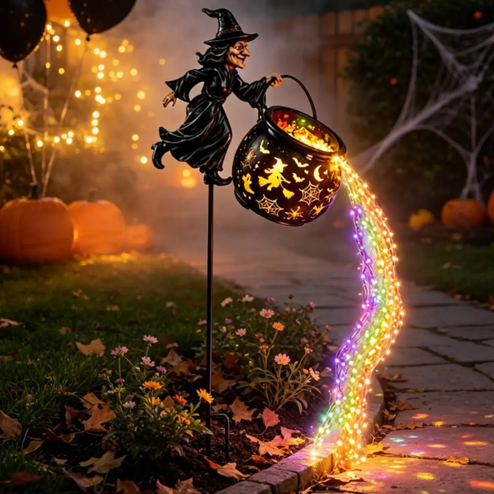 Halloween Witch Cauldron Stake Light Outdoor LED Flowing String Lights Waterproof Garden Yard Porch Halloween Decor Lamp
