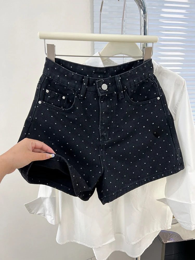 Weibliche Hohe Taille Abnehmen Schwarz Polka Dot Denim Shorts Sommer Neue Stil Vielseitig Breite Beine A-line Hüfte Hot Hosen
