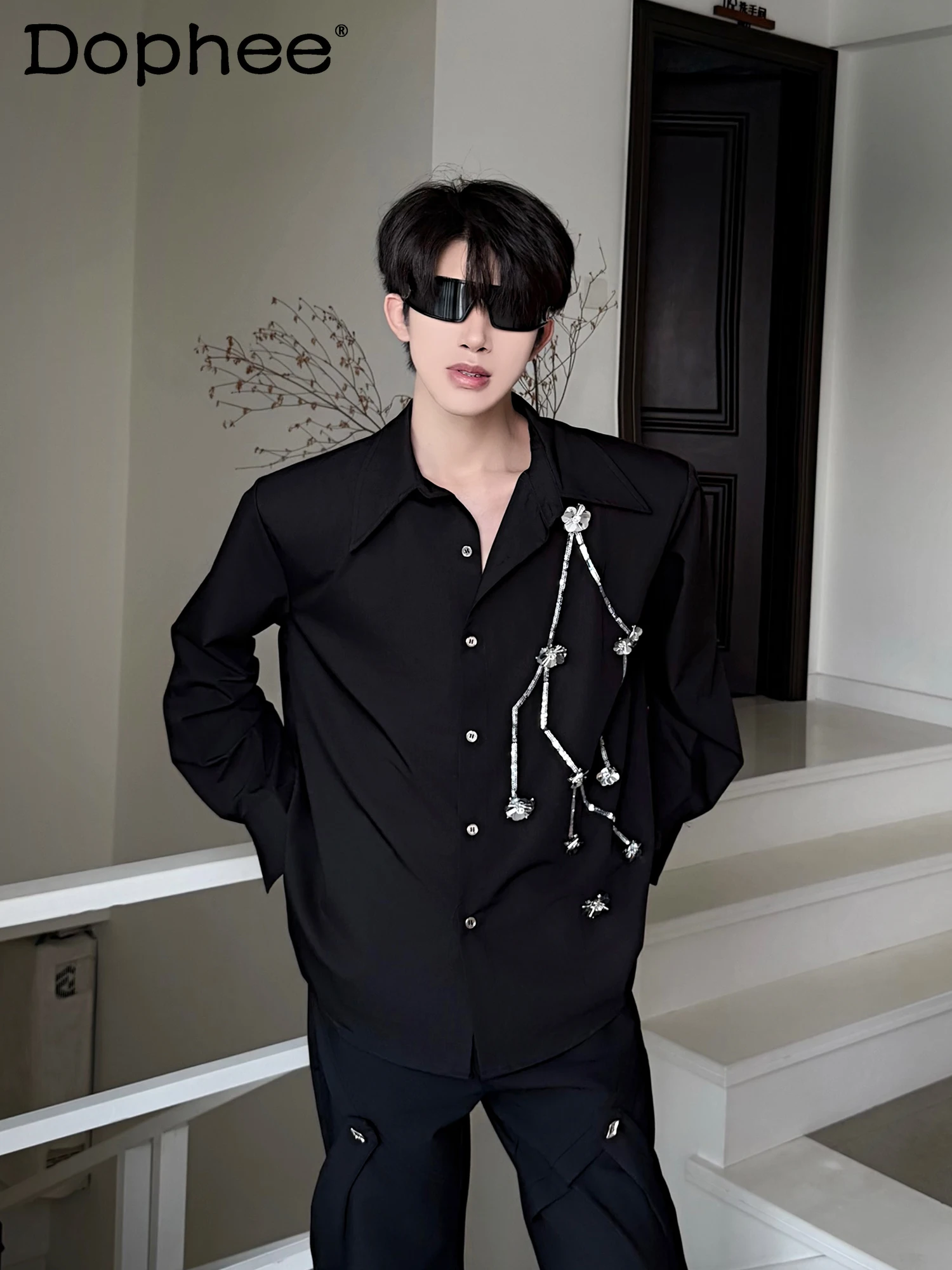 

2025 New Heavy Industry Sequined Three-dimensional Flower Black Long-sleeved Shirt Fashionable Trendy Men's Trendy Loose Shirt